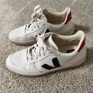 Veja White Leather Sneakers with Navy V and Red Heel Tab